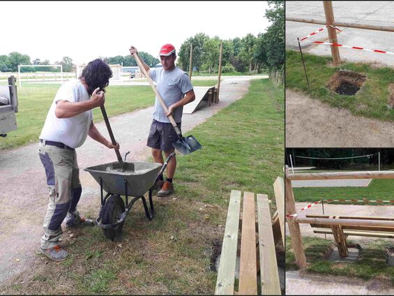 Installation des bancs sur le terrain omnisports en mai 2017