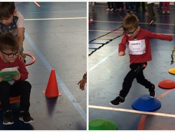 Jeudi 4 avril 2019, Les élèves de maternelle d'Haynecourt au Gymnase Carpentier de Cambrai ... Vive le sport avec l'USEP !
