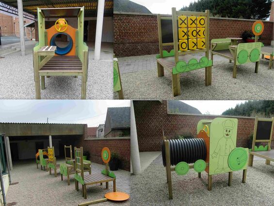 Installation d'un jeu éducatif à l'école maternelle, fin octobre 2017