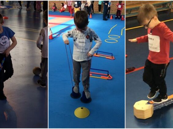 Jeudi 4 avril 2019, Les élèves de maternelle d'Haynecourt au Gymnase Carpentier de Cambrai ... Vive le sport avec l'USEP !